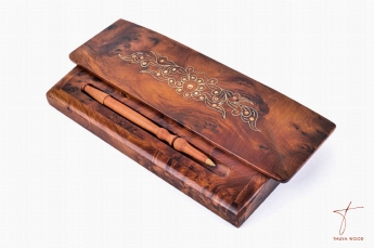 Thuya Wood Thuya Burl Pen Case with Metal Wire Inlay and Mother-of-Pearl